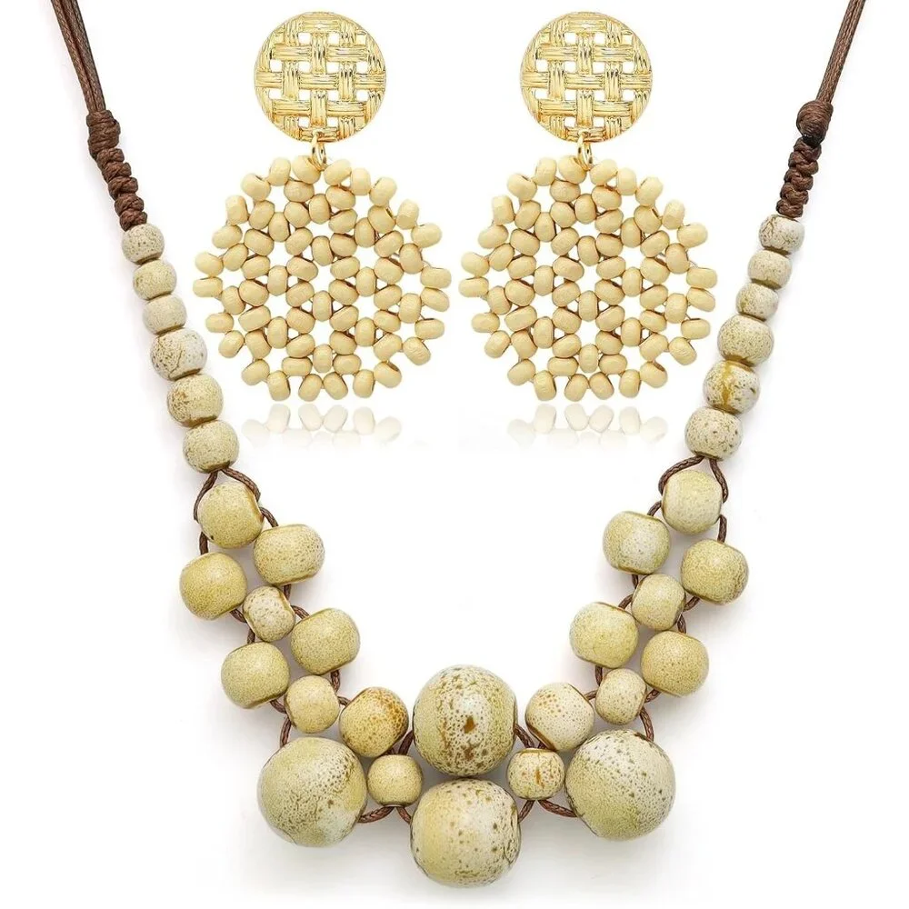 2 Pcs Hippie Boho Colorful Ceramic Beaded Necklace and Earrings Set for Women Ad